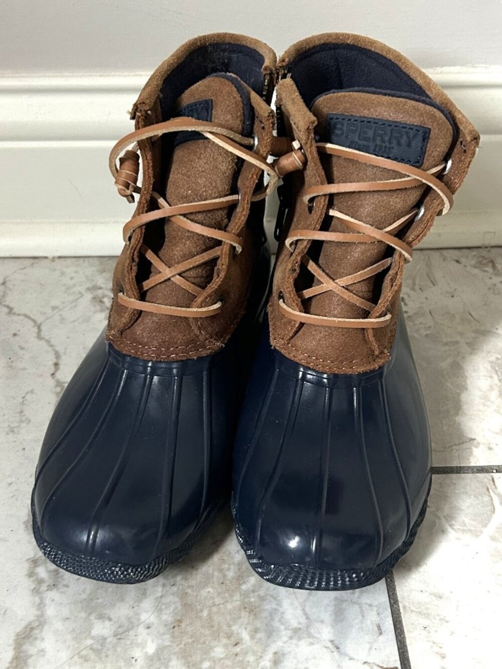 Sperry Saltwater Duck Boots Womens 5.5M Brown Navy Waterproof Rubber STS98305